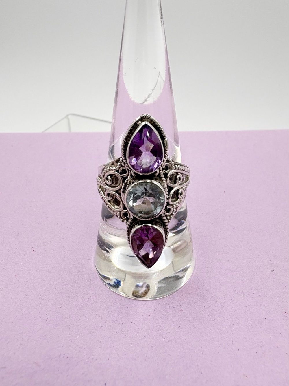 Sterling Silver Filigree Triple Gem Statement Ring - Amethyst & Blue Topaz